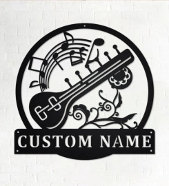 Custom Sitar Musical Instrument Metal Wall Art, Personalized Sitar Name Sign