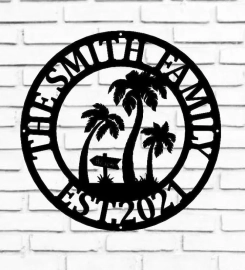 Personalized Palm Tree Metal Sign, Beach House Signs, Door Hanger